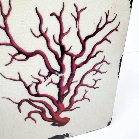 Vintage Inspired Coral Branch Ceramic Vase Red Cream Distressed - Picture 3 of 5